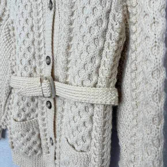 VTG Cream Cable Knit Acrylic Handmade Belted‎ Cardigan Collar Western Revival